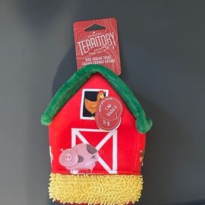 Red and Green Dog Toy with Farm Design